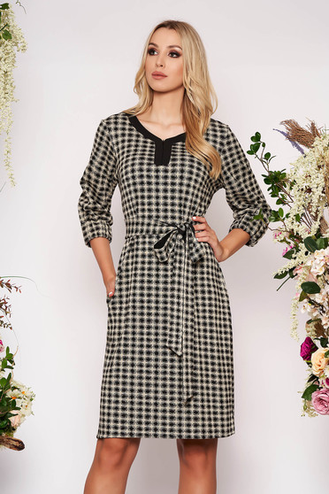 Cream dress office short cut with pockets detachable cord with 3/4 sleeves with graphic details straight