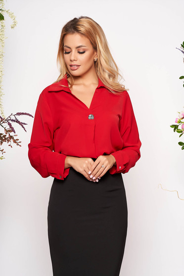 Red women`s shirt elegant short cut with collar airy fabric long sleeved