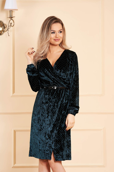 StarShinerS green dress occasional with a cleavage wrap over front long sleeved velvet with crystal embellished details accessorized with belt