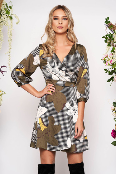 Daily short cut cloche khaki dress with graphic details v-neckline and detachable cord without clothing