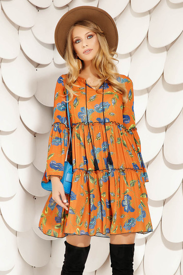 Bricky dress daily short cut flared with floral print with bell sleeve airy fabric long sleeved