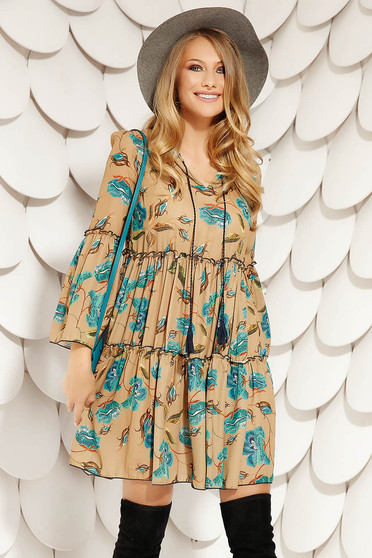 Brown dress daily short cut flared with floral print with bell sleeve airy fabric long sleeved