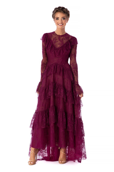 Ana Radu raspberry dress luxurious long cloche laced with ruffle details long sleeved with bell sleeve