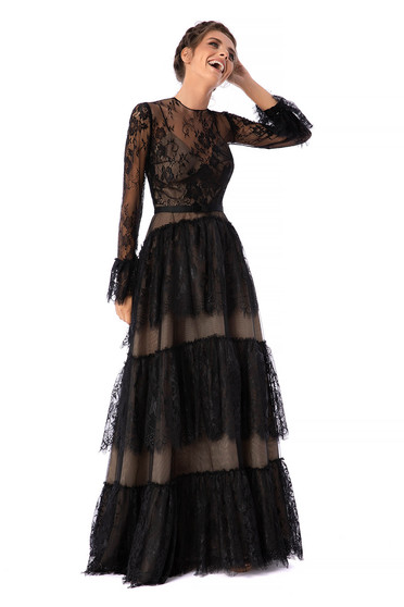 Ana Radu black dress luxurious long cloche long sleeved with bell sleeve laced detachable cord