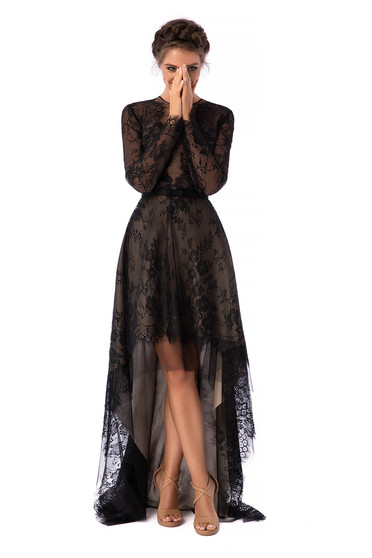 Black dress luxurious asymmetrical cloche laced with rounded cleavage long sleeved with laced sleeves