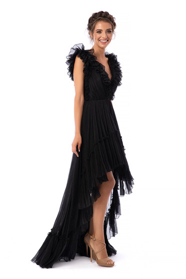 Ana Radu luxurious asymmetrical cloche sleeveless black dress with ruffle details with deep cleavage