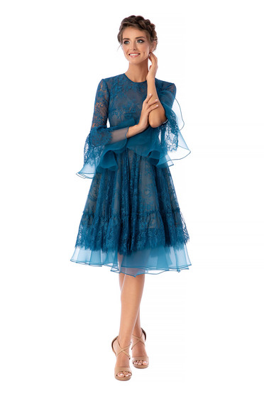 Ana Radu turquoise dress luxurious midi cloche laced with 3/4 sleeves with bell sleeve with rounded cleavage detachable cord