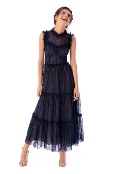 Ana Radu darkblue dress luxurious occasional with turtle neck laced midi cloche corset sleeveless