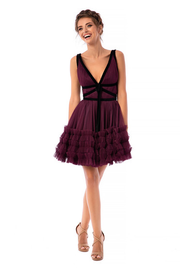 Ana Radu purple dress luxurious short cut cloche from tulle velvet insertions sleeveless with deep cleavage