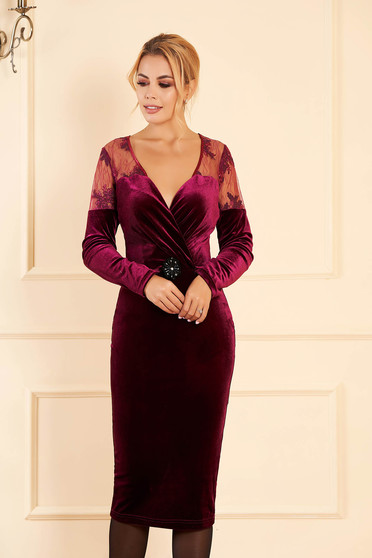 Occasional velvet pencil raspberry dress with a cleavage