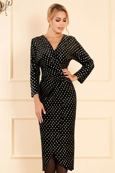 StarShinerS black dress elegant midi pencil velvet dots print without clothing long sleeved wrap over skirt