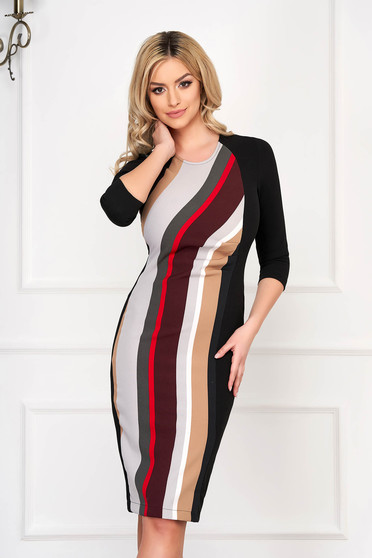 StarShinerS black office midi pencil dress 3/4 sleeve slightly elastic fabric with stripes