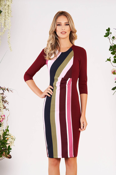 StarShinerS burgundy office midi pencil dress 3/4 sleeve slightly elastic fabric with stripes