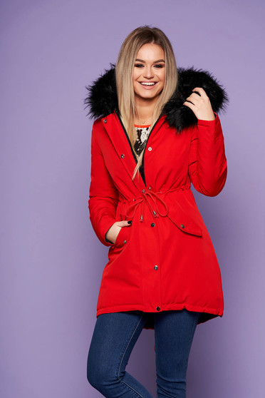 Jacket red casual with easy cut with undetachable hood with faux fur accessory is fastened around the waist with a ribbon with inside lining double-faced