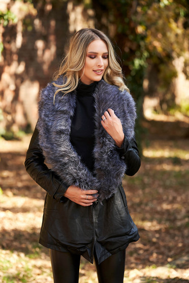 Grey jacket from ecological leather with faux fur lining arched cut detachable collar