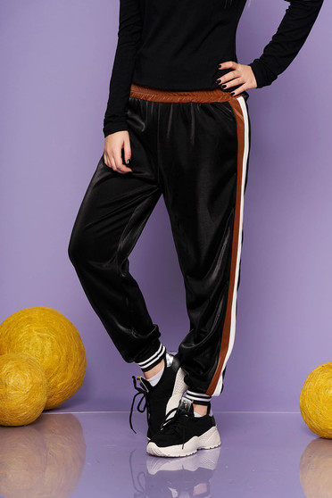 Brown casual trousers from shiny fabric with elastic waist