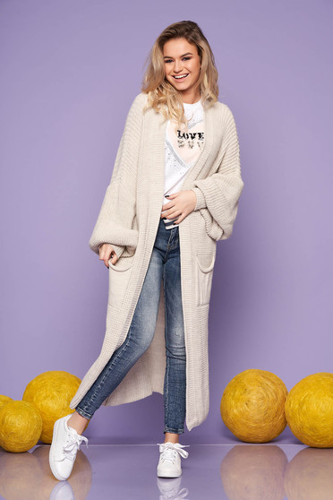 Cream casual long cardigan knitted fabric long sleeved