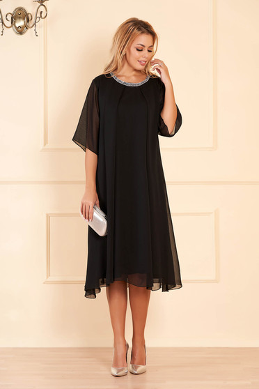 Black occasional flared dress from veil fabric with bright details