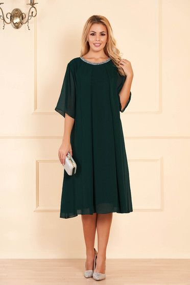 Dirty green occasional flared dress from veil fabric with bright details