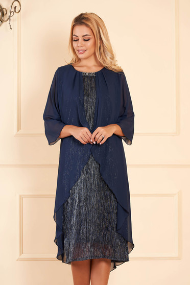 Darkblue dress elegant occasional midi pencil with veil sleeves voile overlay short sleeves