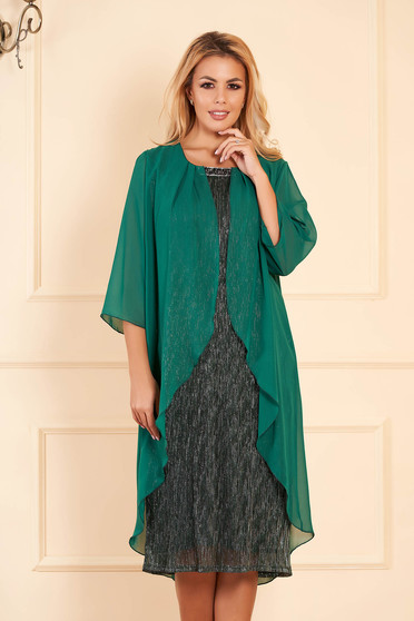 Green dress elegant occasional midi pencil with veil sleeves voile overlay short sleeves