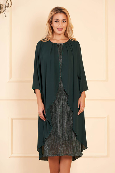 Darkgreen dress elegant occasional midi pencil with veil sleeves voile overlay short sleeves
