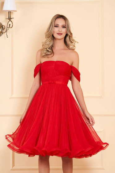 Ana Radu red occasional midi off-shoulder cloche dress from tulle