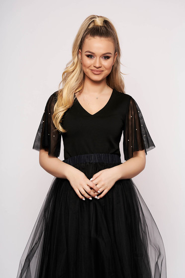 Black women`s blouse clubbing flared short cut with pearls from veil fabric