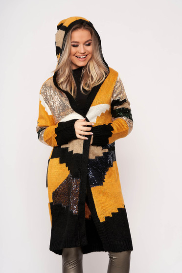 Mustard cardigan elegant with sequin embellished details with undetachable hood knitted fabric with no closure