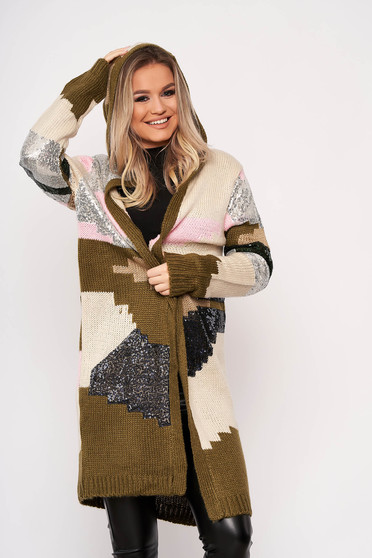 Khaki cardigan elegant with sequin embellished details with undetachable hood knitted fabric with no closure