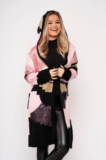 Lightpink cardigan elegant with sequin embellished details with undetachable hood knitted fabric with no closure