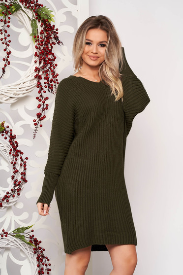 Khaki dress casual midi straight knitted fabric with v-neckline long sleeved