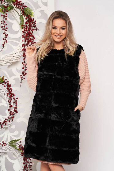Gilet black elegant from ecological fur with pockets with inside lining sleeveless