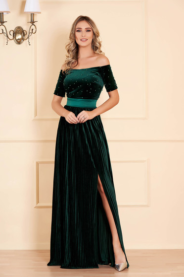 Dress green with pearls from velvet occasional cloche long