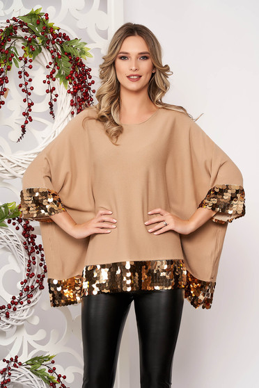 Cappuccino women`s blouse with sequin embellished details short sleeves from elastic fabric with easy cut thin fabric short cut