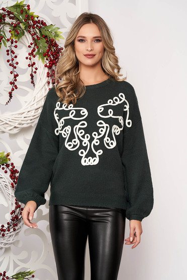 Sweater dirty green long sleeved velvet insertions from wool flared short cut