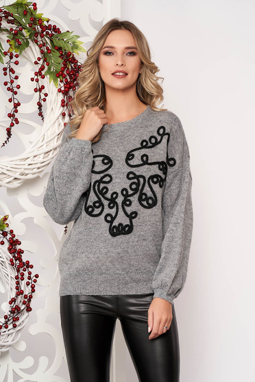 Sweater grey long sleeved velvet insertions from wool flared short cut