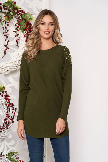 Darkgreen sweater long sleeved with lace details knitted fabric long sleeve flared short cut