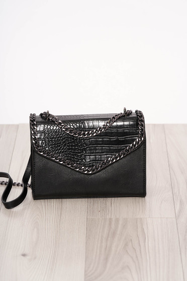 Bag black long chain handle snake print design ecological leather zipper accessory