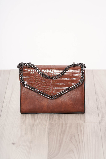 Bag darkbrown long chain handle snake print design ecological leather zipper accessory