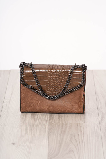 Bag brown long chain handle snake print design ecological leather zipper accessory