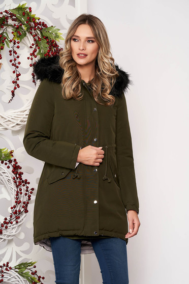 Jacket khaki casual with easy cut with undetachable hood with faux fur accessory is fastened around the waist with a ribbon with inside lining double-faced