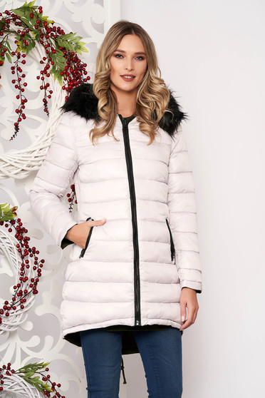 Jacket khaki casual with easy cut with undetachable hood with faux fur accessory is fastened around the waist with a ribbon with inside lining double-faced