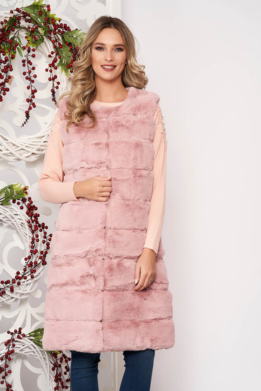 Gilet lightpink elegant from ecological fur with pockets with inside lining sleeveless