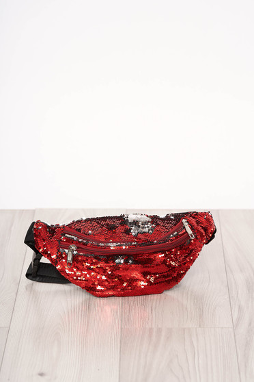 Bag red zipper accessory with sequin embellished details long, adjustable handle