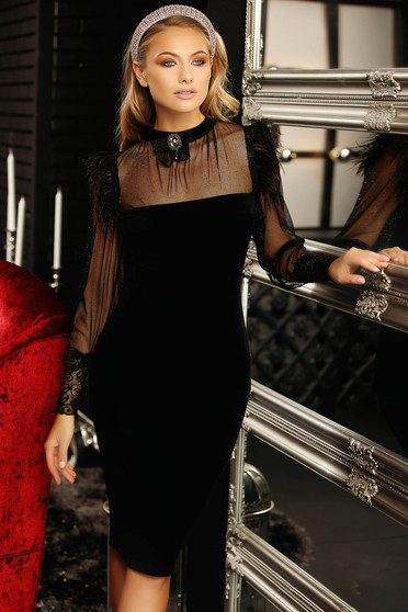 Dress black occasional pencil midi velvet with turtle neck accessorized with breastpin long sleeved with net accessory feather details with bright details