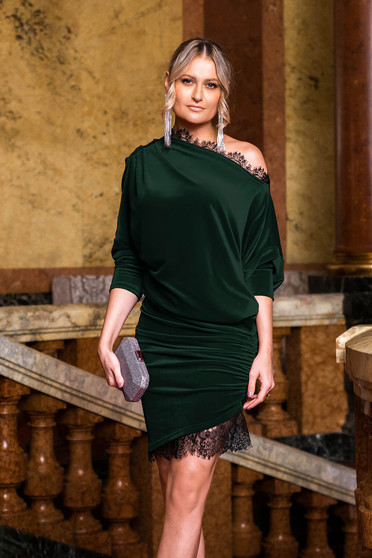 Dress green occasional velvet with lace details pencil asymmetrical 3/4 sleeve laced