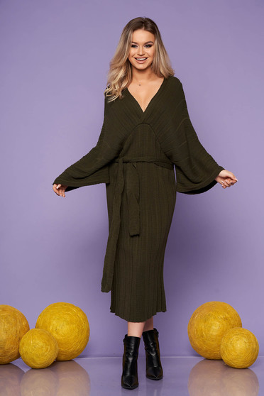 Khaki dress daily midi straight knitted fabric with v-neckline large sleeves