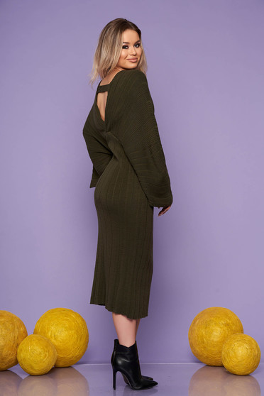 Khaki dress daily midi straight knitted fabric with v-neckline large sleeves