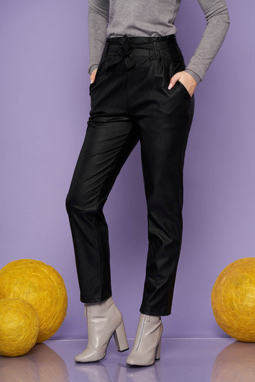 Trousers black casual from ecological leather conical high waisted accessorized with tied waistband with pockets